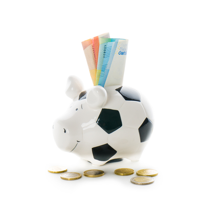 euro momey bills and coins in Piggybank isolated on white background. savingsの写真素材