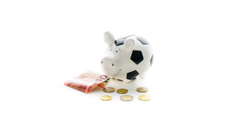 euro momey bills and coins in Piggybank isolated on white background. savingsの写真素材