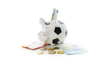 euro momey bills and coins in Piggybank isolated on white background. savingsの写真素材