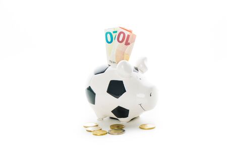 euro momey bills and coins in Piggybank isolated on white background. savingsの写真素材
