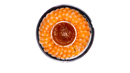 shrimps with sauce on plateisolated on white background. seafoodの写真素材