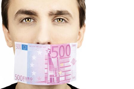 A man with a 500 euro note on his mouth