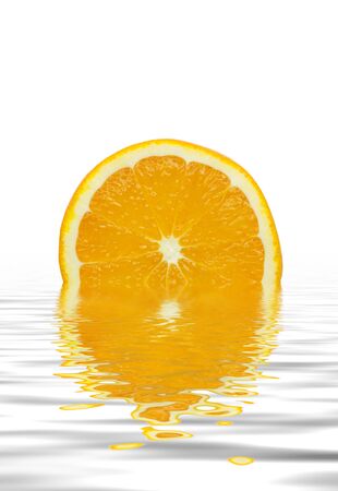 Slice of orange reflected in water isolated on white background.の写真素材