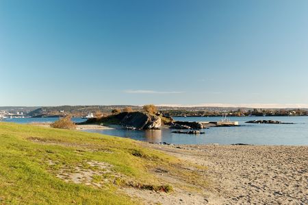 Public beach in Oslo, with a view over Oslo fjord.  の写真素材