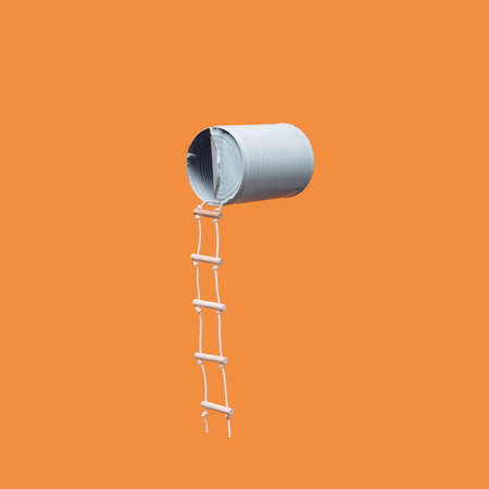 Pastel blue can with attached ladder on a bright orange background. Minimalistic concept. Squareの写真素材