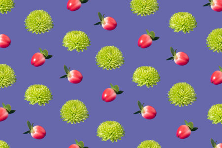 Creative seamless pattern made of isolated Indian chrysanthemums and cowberry on a purple background. Isometric. Spring and summer concept.の写真素材