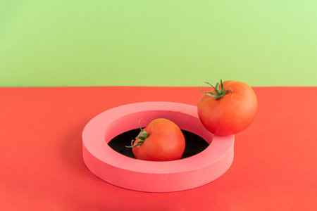 Tomatoes come out from the hole through a pink ring on a green and red background. Minimal abstract concept. Rectangle with copy space. Isometricの写真素材