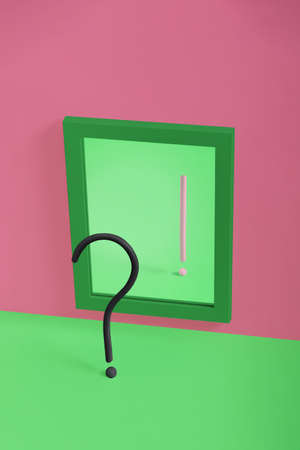 Black question mark and pink exclamation mark in mirror on pink and green background. Abstract minimal concept. The idea of an optimistic view. Rectangle with copy spaceの写真素材