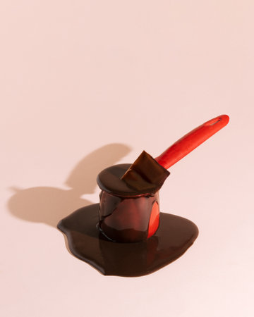A small pot overflows with rich, dark chocolate. The chocolate has pooled on a pale pink surface. The lighting enhances the simplicity of the composition. Rectangular with copy space on top.の写真素材