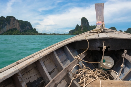 View from the front of a tourist traveling boat in Krabi, Thailand の写真素材