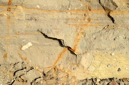 Clay soil after a landslide. This clay contains 3% iron, the yellowish/brown areas of the slope has...