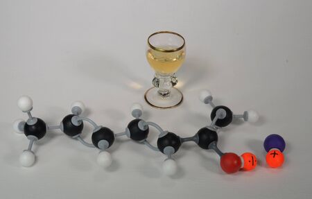 Molecule model of Potassiumsorbate (E202) often used to inhibit molds in foods, or vine (sample)....