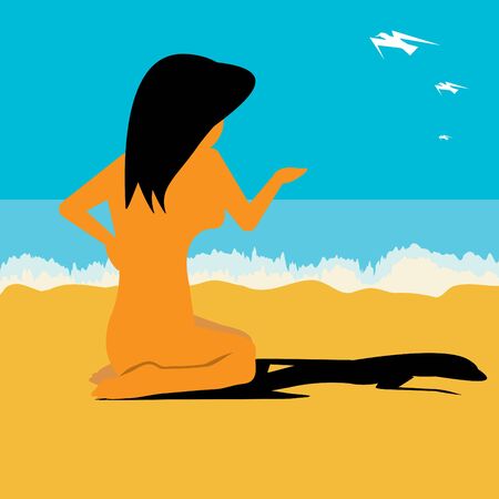 A nude woman kneels on a beach in a minimalist lifestyle and recreation illustration.のイラスト素材