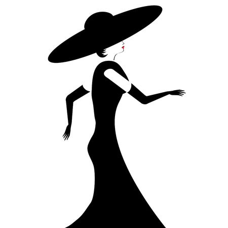 A glamorous woman in black hat, gown, and gloves is featured in a minimalist fashion and beauty illustration.のイラスト素材