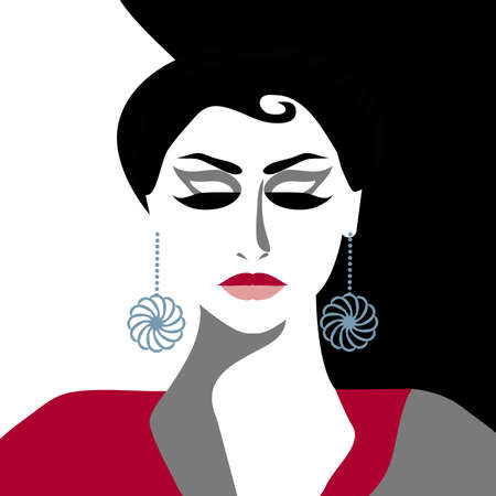 A beautiful woman wears stylish blue earrings in a minimalist fashion and beauty illustration.のイラスト素材