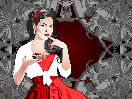 An attractive pin-up girl holding a cakeのイラスト素材