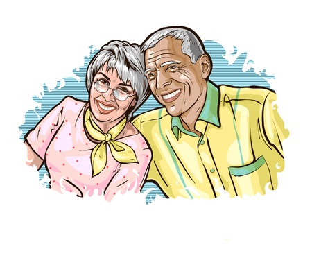 Vector illustration with the image of a happy mature couple. Elderly gray-haired spouses sit shoulder and smile happily. Template for advertising on the topic of family, marriage, age.のイラスト素材