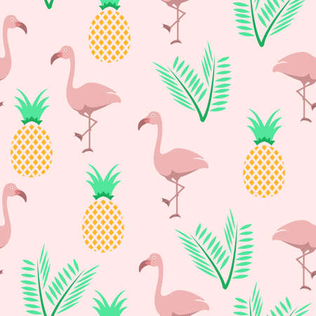 Seamless Pink Flamingos,Leaf and Pineapples Pattern. Vector Illustration EPS 10.のイラスト素材
