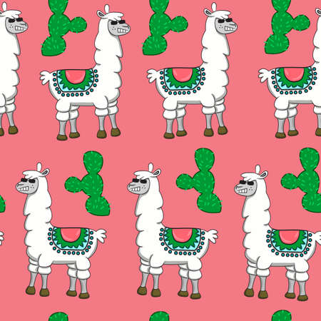 Seamless llamas Animal Pattern. Pink Background. Vector Art EPS 10.のイラスト素材