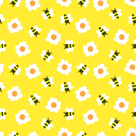 Bees And Flowers Illustration, Seamless Patternのイラスト素材