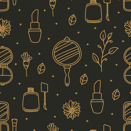 Abstract Cosmetics Pattern, Doodle Cosmetic Illustration, Golden Color, Seamless Pattern.のイラスト素材