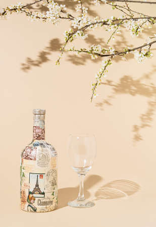 wine botle with glass and blooming brunch on pastel powder background.minimal composition.の写真素材