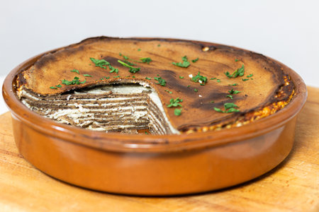 Homemade buckwheat pie with cream and cheese. Baked in an earthen vessel.Organic