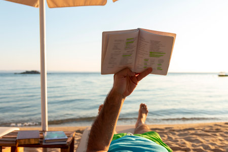 Mature man lying on a sunbed and reading a book at sunset. Summer vacation concept.の写真素材