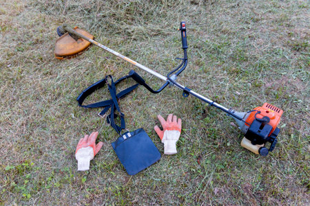 Manual trimmer for mowing grass  in garden and courtyard, on background of meadow. Close up