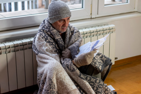 Worried mature man reading heating bill. He is confused and astonished by unbelievable news: high bill tax invoice, debt notification, bad financial report, money problemの写真素材