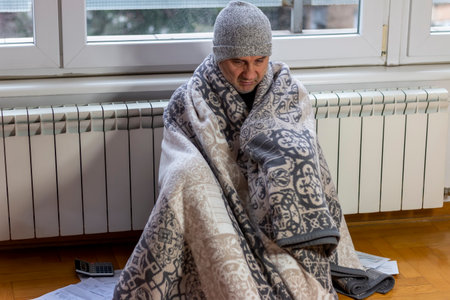 Worried mature man sitting and anxiously thinking about expensive electricity and heatの写真素材