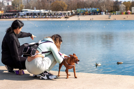 Young girl and her mother on relaxing vacation  by the lake with their cute miniature pinscher.の写真素材