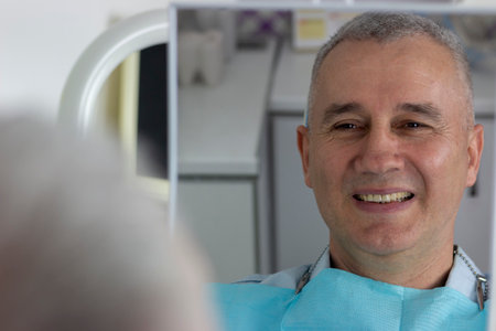 A middle-aged man looks in the mirror with a healthy smile in the dentist's office.の写真素材