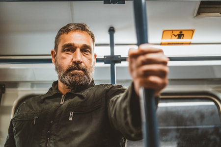 Middle-aged Caucasian man driving in the city bus while standing and holding grip.の写真素材