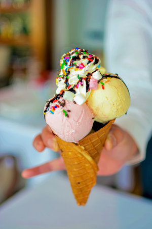 Close up View of Female Hand Holding Colored Ice Cream Coneの写真素材