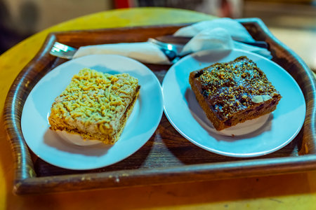 Close View od Delicious Deserts Served in Restaurantの写真素材