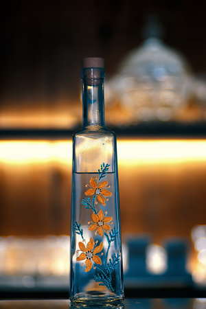 Close View of Decorated Glass Bottle with Alcohol on Blurred Background
