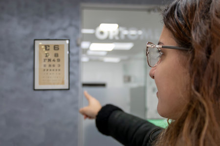 Smiling young woman checking up vision at optician clinic. Cute female choosing glasses at optics...