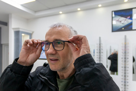 A mature man trying out a glasses in the showcase of glasses and looking at the mirror. Happy man choosing glasses at optics store. Healthcare, Eyesight And Vision Concept.の写真素材