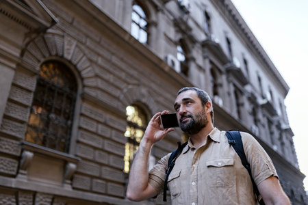 Mid Adult Bearded Handsome Man in Talking over his Mobile Phone in the City Streetsの写真素材