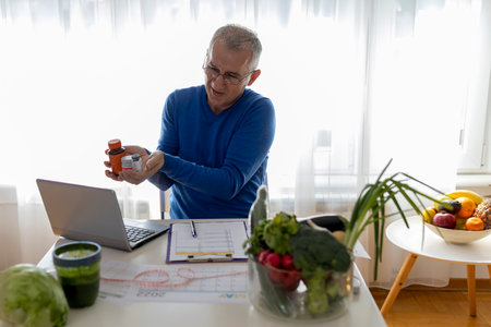 Male nutritionist working with a client on video call from a laptop at homeの写真素材