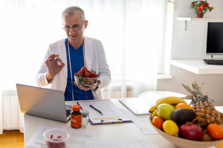 Male nutritionist holding an online consultation with a patient.の写真素材