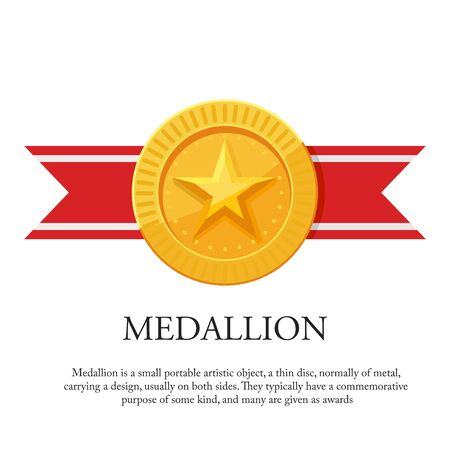 Vector illustration of a medal with star ornaments and red ribbons. Suitable for design elements of award medals, championships, awarding titles and achievements. Gold star medal iconのイラスト素材