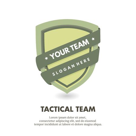 Vector illustration of a shield logo wrapped in a ribbon. Suitable for military tactical team logos, security groups and security services. Military shield icon.のイラスト素材