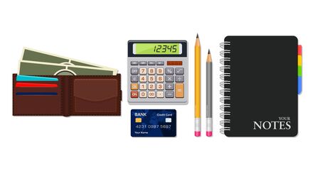 Vector illustration of a calculator, wallet, credit card, and notebook. Suitable for design elements of financial, banking and economic accountant activities. Collection of objects related to finance.のイラスト素材