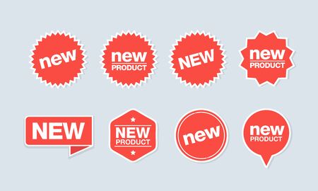 A collection of sticker icons from new labels. Suitable for design elements of retail stores, online outlets, and promotion of new products for sale. New red label sticker with white border icon set.のイラスト素材