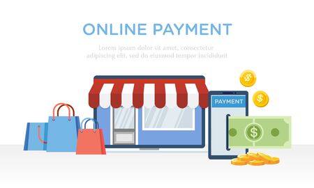 Vector illustration of payment activities using internet payment services. Shop with e-commerce technology. Online trading activities. Marketplace services for mobile banking and online shopping.のイラスト素材