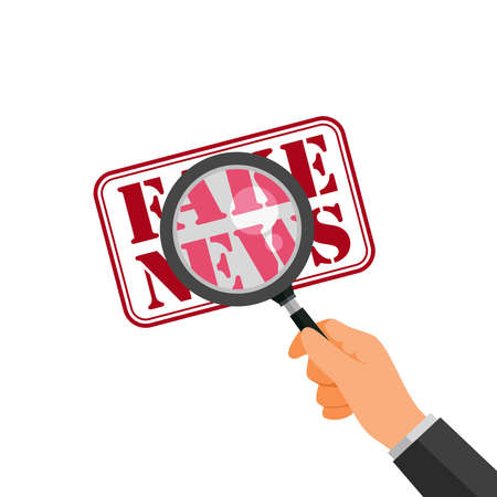 Vector illustration of checking news source with magnifying glass. Suitable for design elements from hoax analyzing and stop fake news. Flat vector illustration of the anti hoax campaign.のイラスト素材