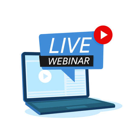 Vector illustration of a laptop with a webinar label. Suitable for design elements from online seminar promotion, internet learning, distance classes, and video tutorial channel access. Webinar vectorのイラスト素材