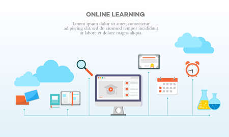 Vector illustration of an online learning system with the internet. Suitable for design elements from distance learning, internet educational resources, and online classes. Online school concept.のイラスト素材